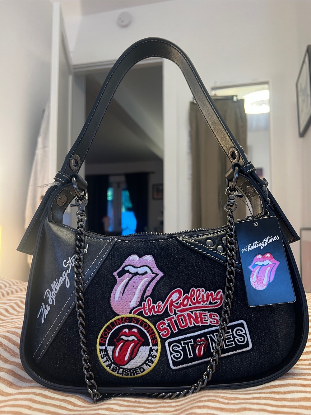 The Rolling Stones Black Shoulder Bag with Pink Tongue Patches